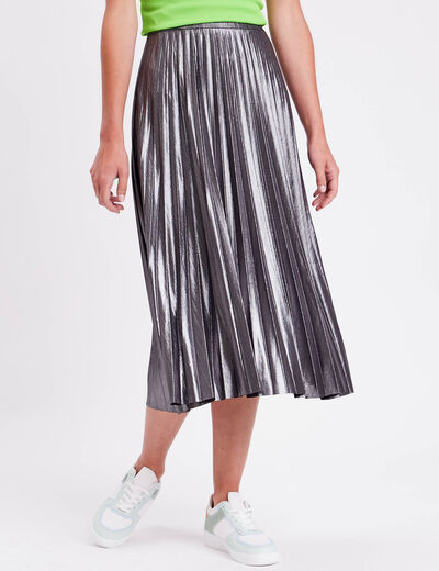 Jupe midi évasée plissée gris argent femme