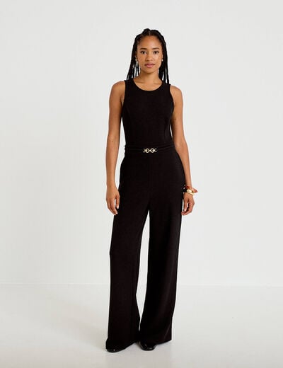 Combinaison large sans manches ceintur&eacute;e noir femme