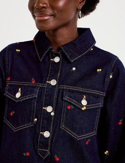 Robe courte &eacute;vas&eacute;e en jean brod&eacute;e bleu marine femme