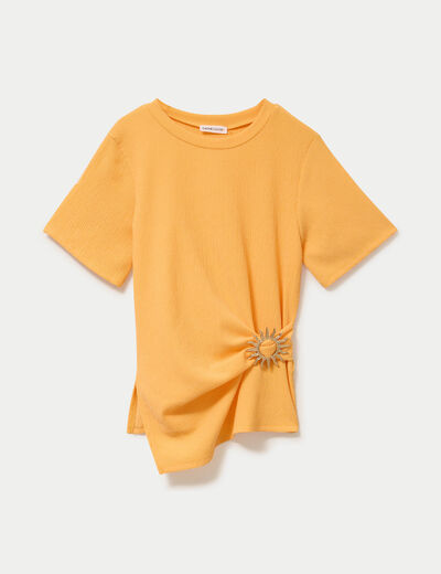 T-shirt cintr&eacute; col rond manches courtes orange clair femme