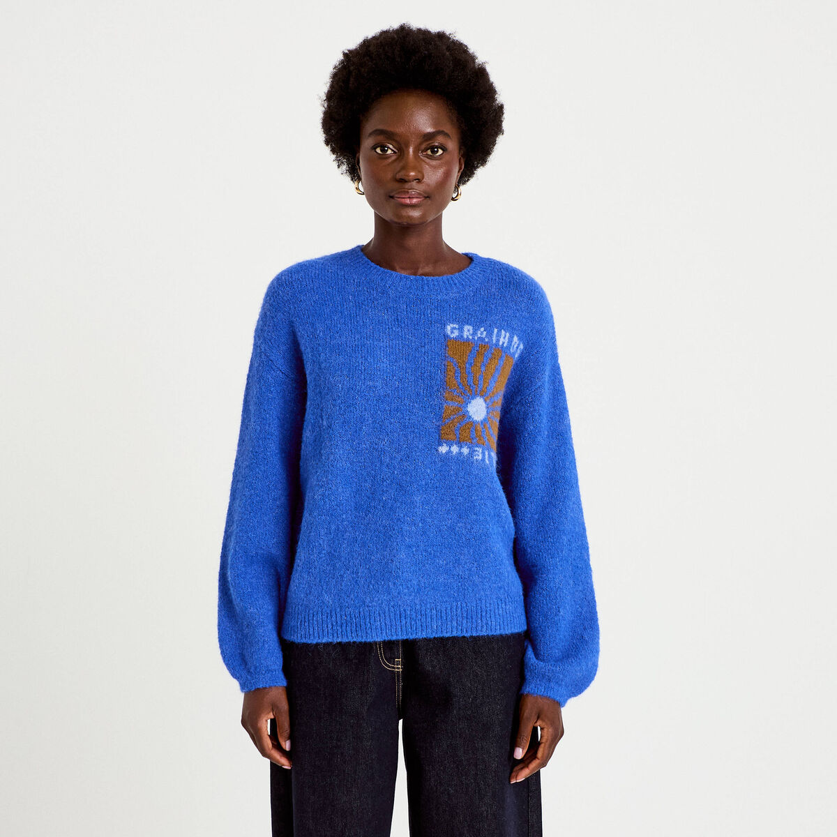 Pull ample col rond manches longues bleu electrique femme