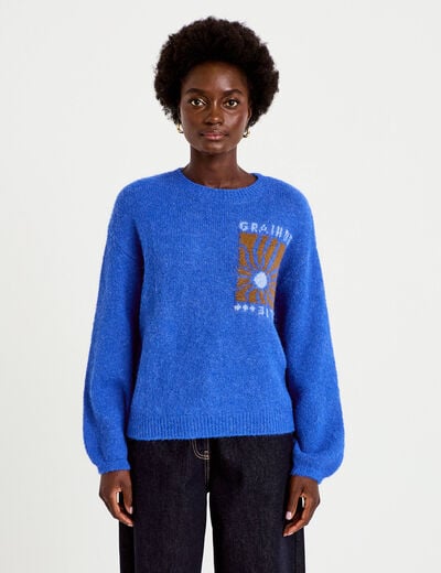 Pull ample col rond manches longues bleu electrique femme