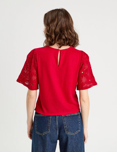 T-shirt dentelle macramé rouge femme