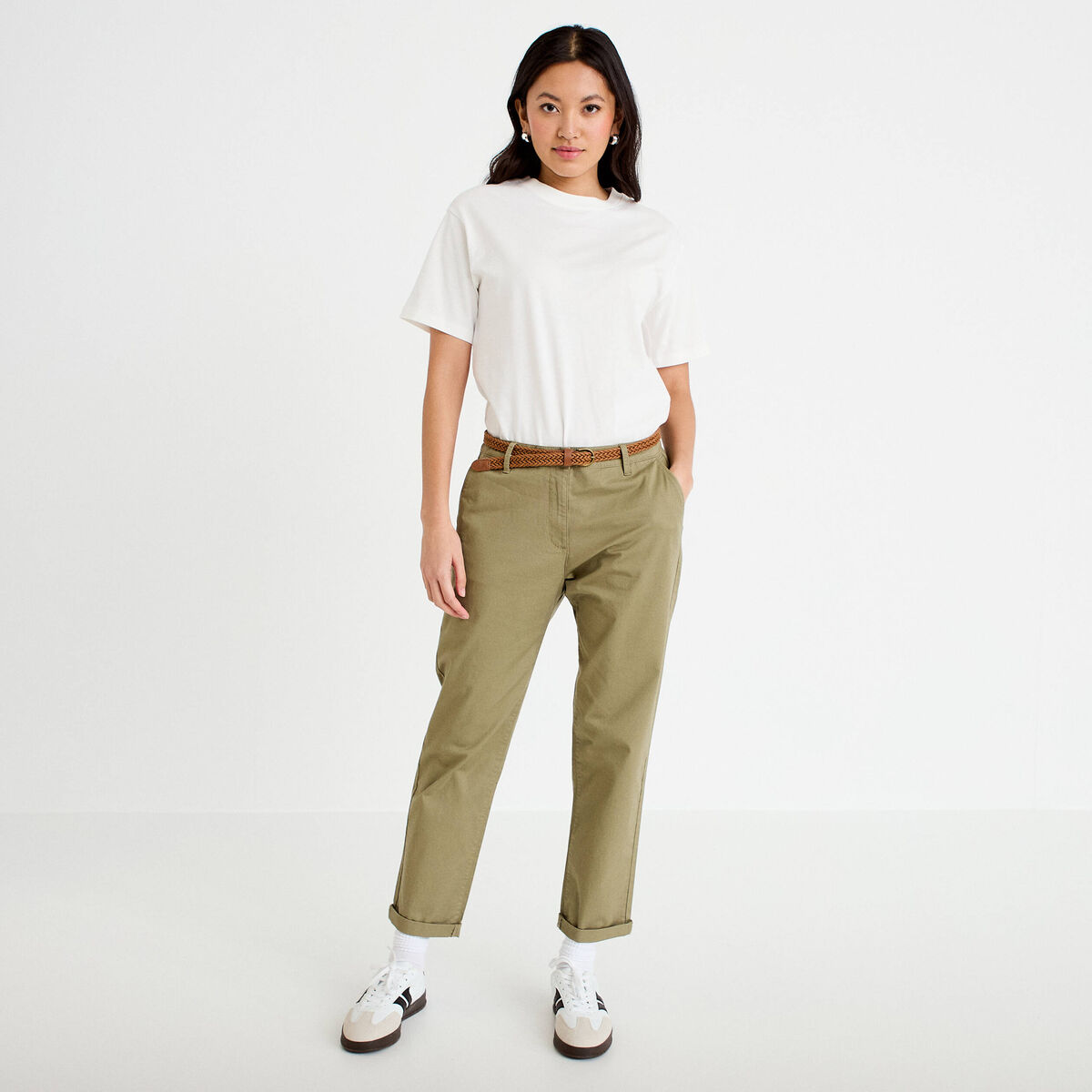 Pantalon chino 7/8&egrave;me vert femme