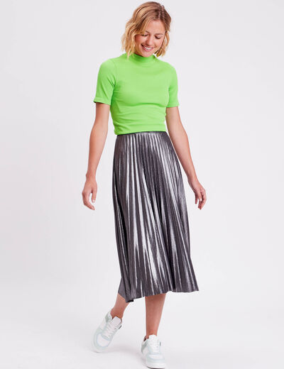Jupe midi évasée plissée gris argent femme