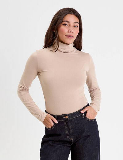 T-shirt uni à manches longues sable femme