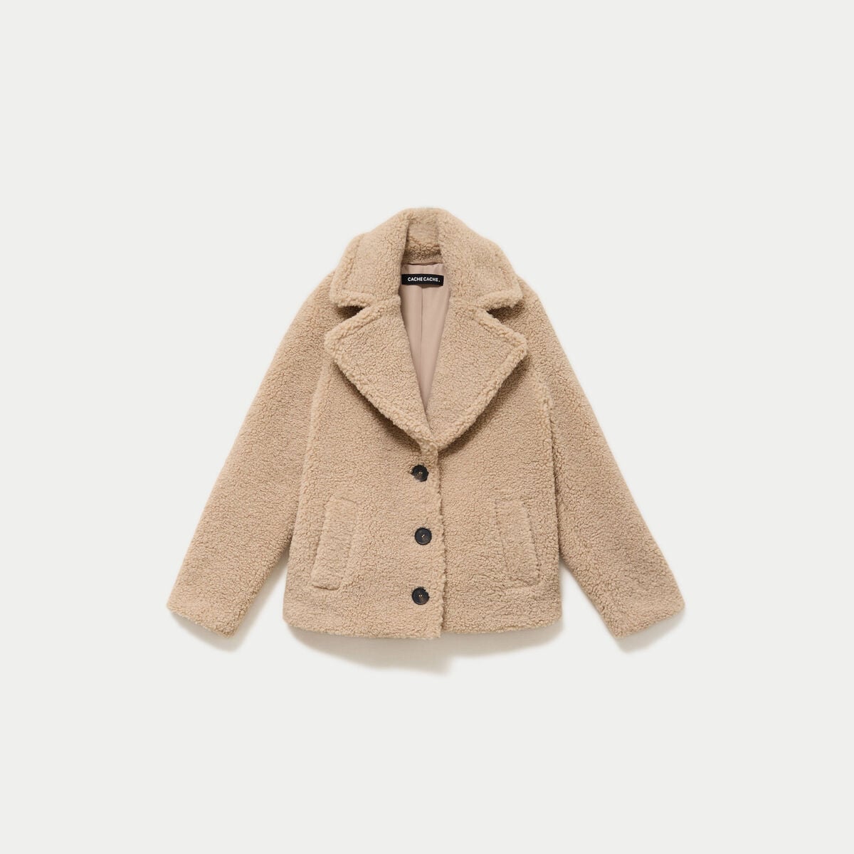 Manteau droit bouclettes col tailleur beige femme