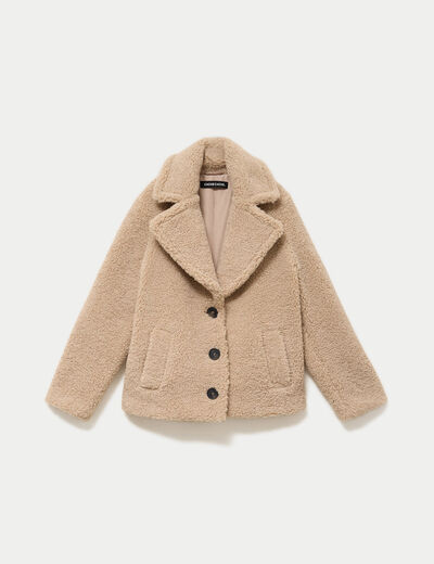 Manteau droit bouclettes col tailleur beige femme