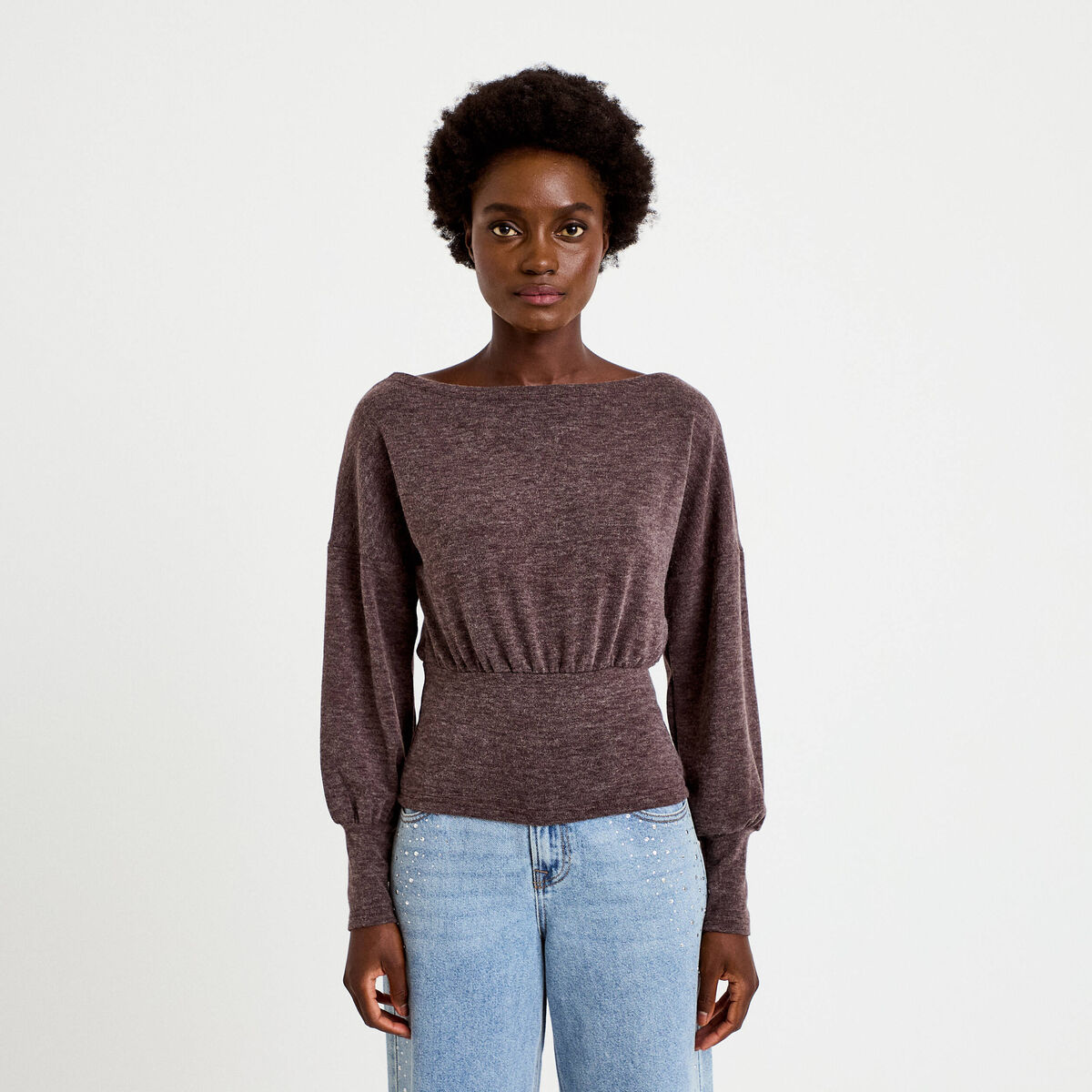 Pull col bateau manches longues marron fonc&eacute; femme