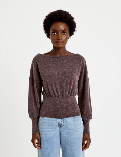 Pull col bateau manches longues marron fonc&eacute; femme