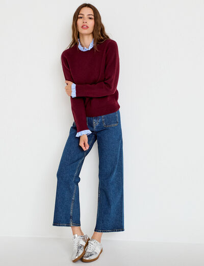 Pull col chemise manches longues bordeaux femme