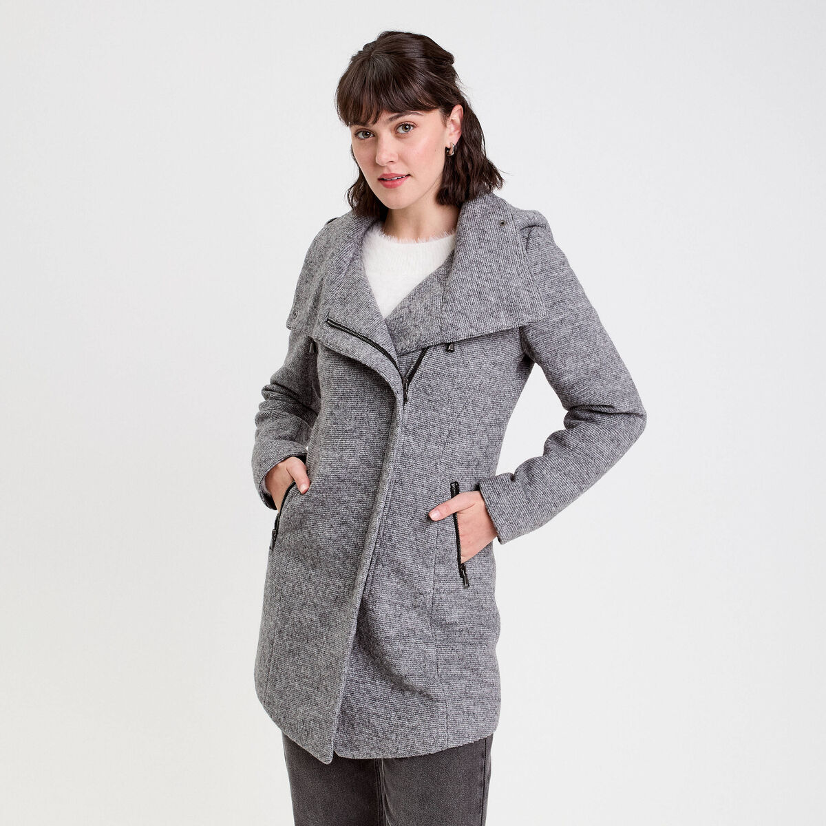 Manteau cintr&eacute; asym&eacute;trique gris fonc&eacute; femme