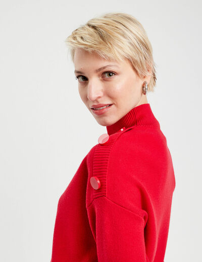 Pull col montant boutons rouge femme
