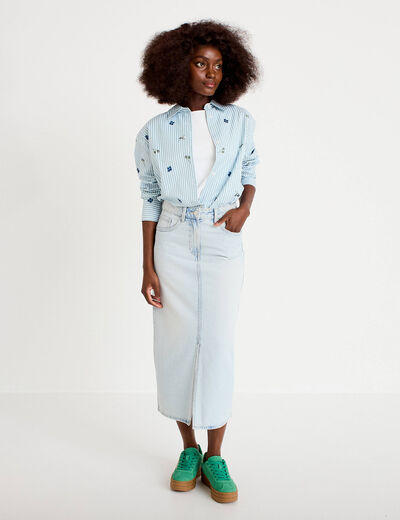 Jupe droite midi en jean 5 poches denim bleach femme
