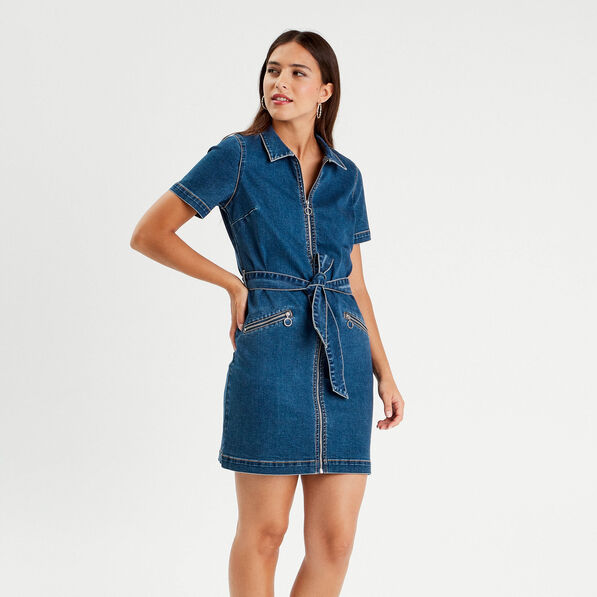 Robe droite en jean zippée denim stone femme