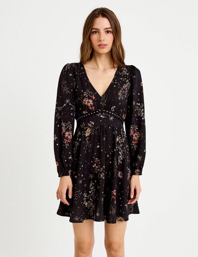 Robe courte &eacute;vas&eacute;e col v manches longues noir femme