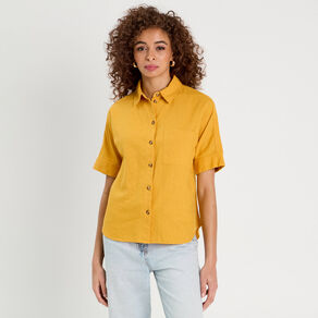 Chemise manches courtes contenant du lin jaune citron femme