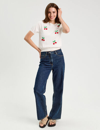 Pull manches courtes patchs ecru femme