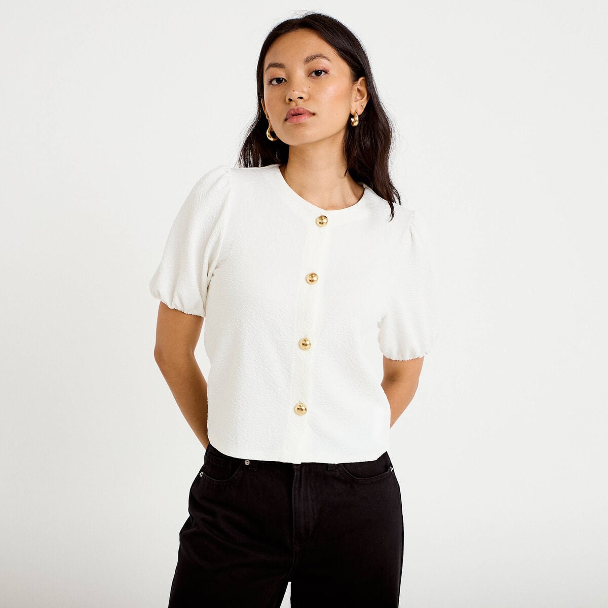 Blouse droite manches courtes ecru femme