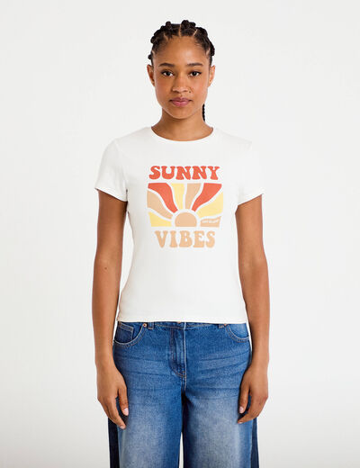 T-shirt cintr&eacute; col rond manches courtes ecru femme