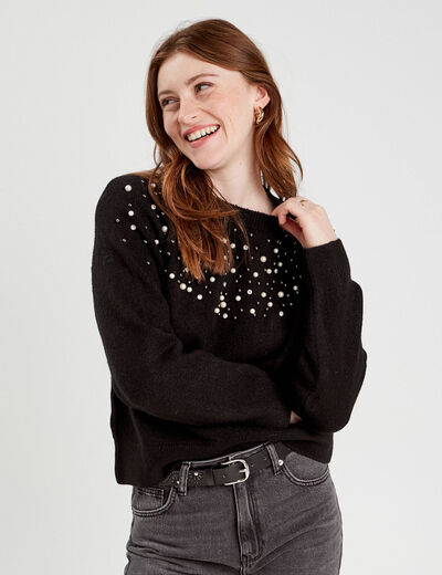 Pull perles et détails bijoux noir femme
