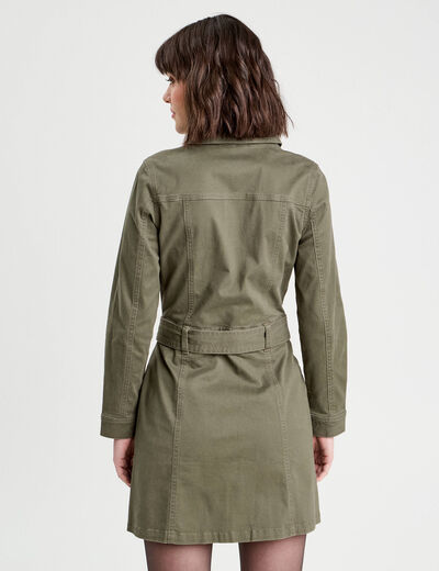 Robe chemise droite ceinturée vert kaki femme