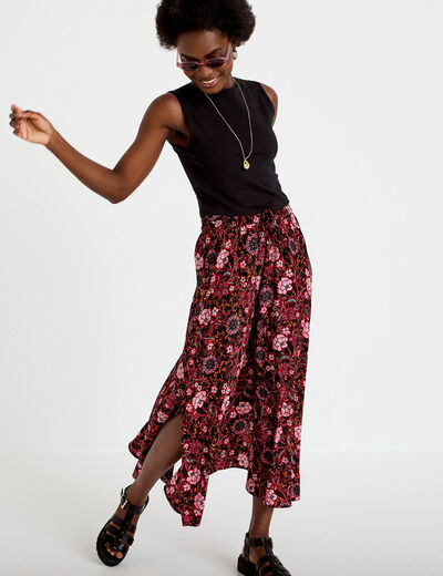 Jupe longue &eacute;vas&eacute;e satin&eacute;e noir femme