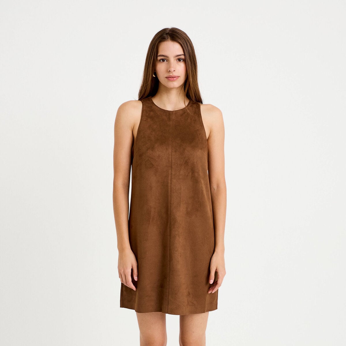 Robe courte droite sans manches marron femme