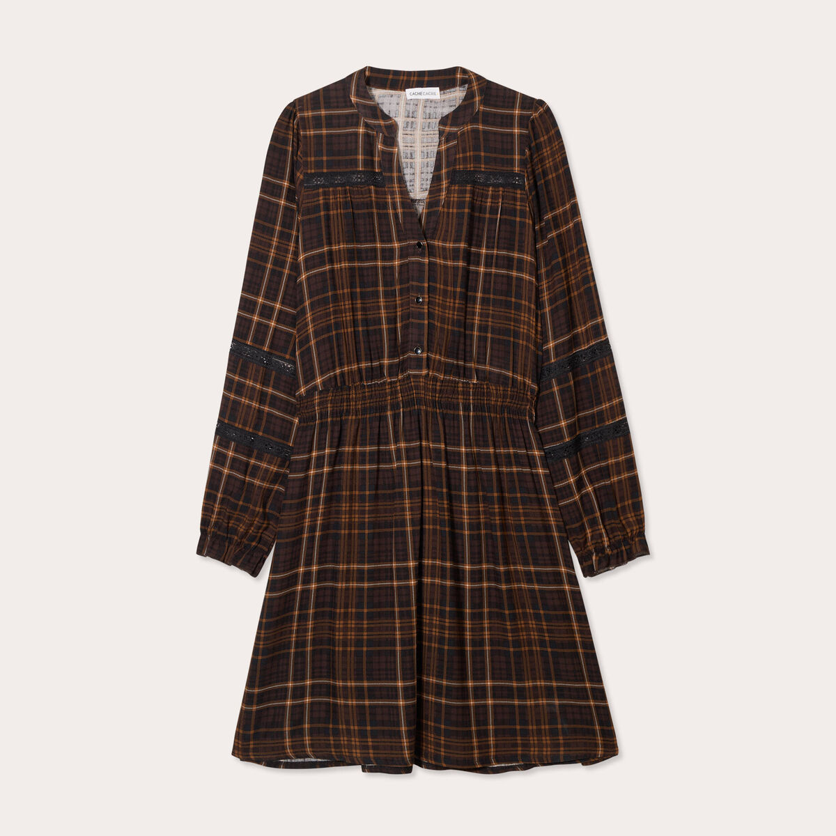 Robe évasée détails dentelle marron foncé femme