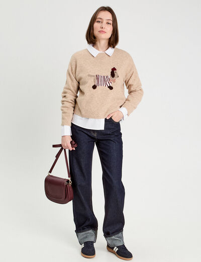 Pull manches longues et noeud beige femme