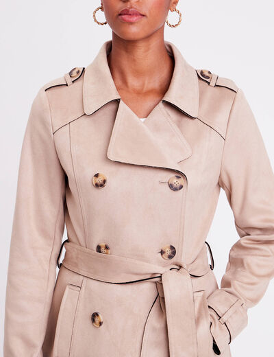 Trench long cintré suédine beige femme