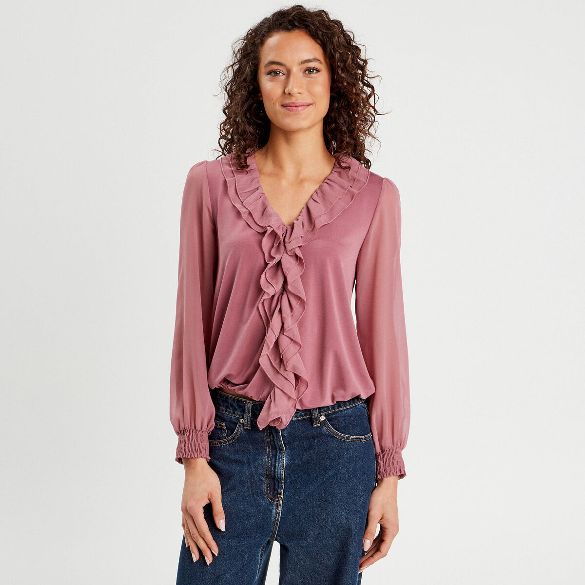 Blouse volants vieux rose femme