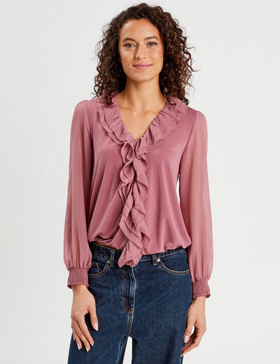 Blouse volants vieux rose femme