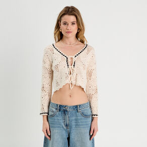 gilet effet crochet et noeuds beige femme Gilet effet crochet et noeuds beige femme
