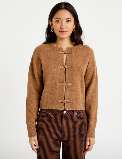 Gilet col rond manches longues avec lien camel femme