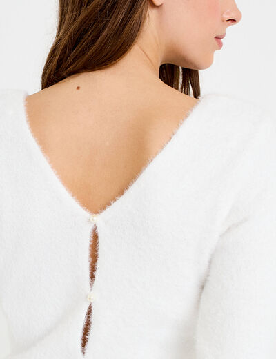 Pull col v manches longues perles ecru femme