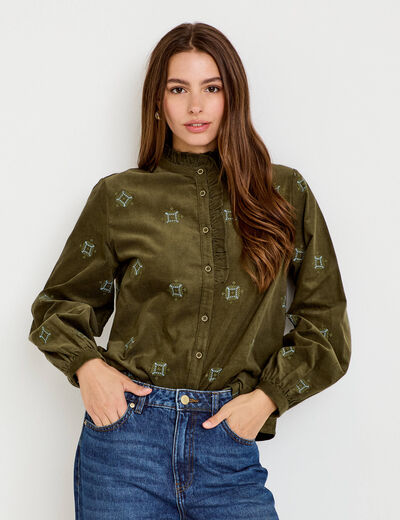 Chemise droite velours col montant vert kaki femme