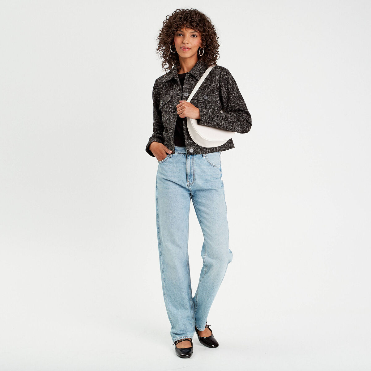 Veste boutonnée tweed noir femme