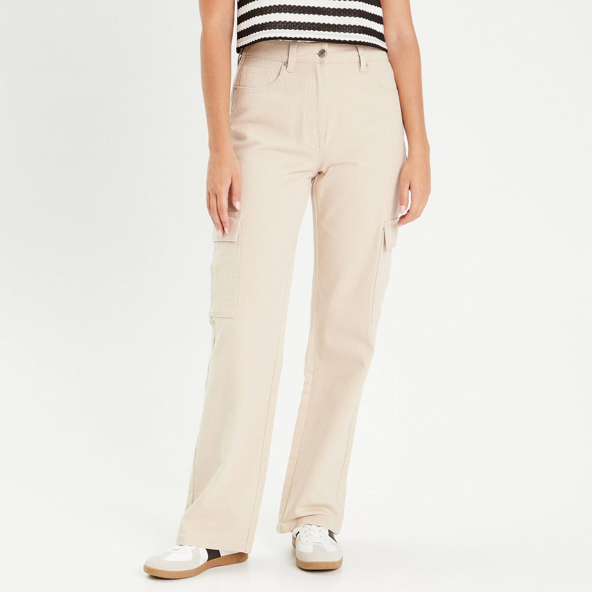 Pantalon cargo large ecru femme