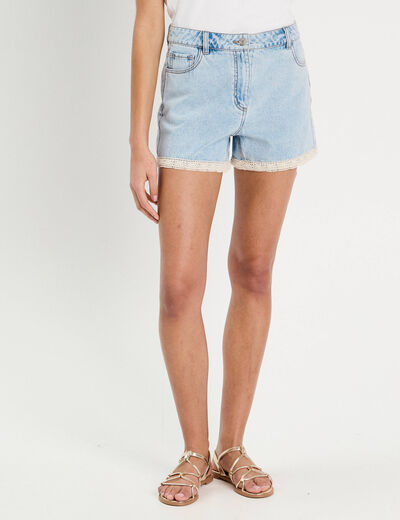 Short en jean détails dentelle denim bleach femme