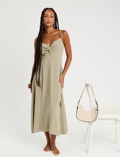 Robe longue &eacute;vas&eacute;e fendue vert kaki femme