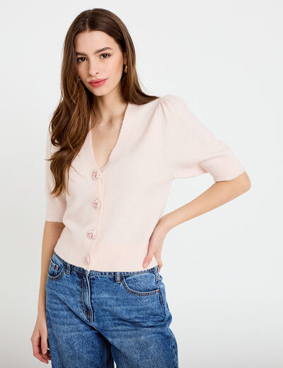 Pull manches courtes boutons brod&eacute;s rose clair femme