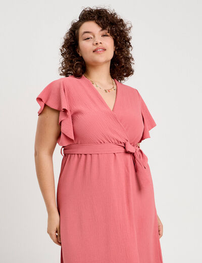Robe longue évasée cache-coeur vieux rose femme
