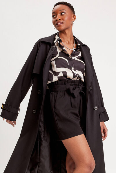 Trench long cintré ceinturé noir femme