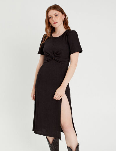 Robe midi ajustée col rond noir femme
