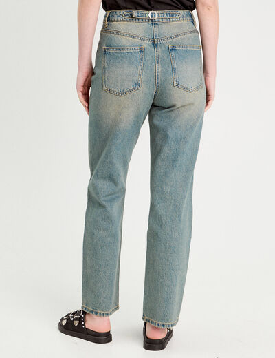 Jeans droit bride arrière denim bleach femme
