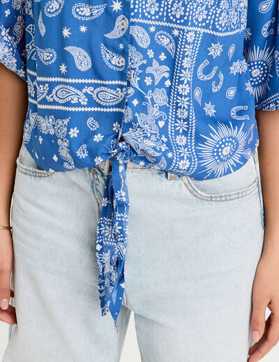 Blouse nouée manches 3/4 bleu femme