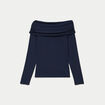 T-shirt col bardot manches longues bleu marine femme