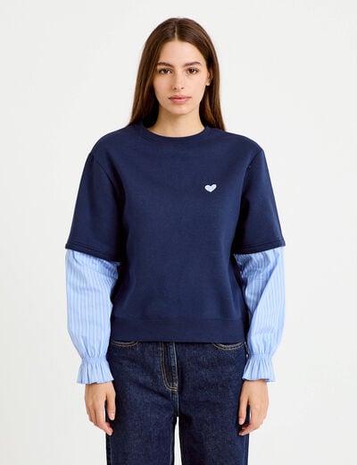Sweat bi-mati&egrave;re manches longues bleu marine femme