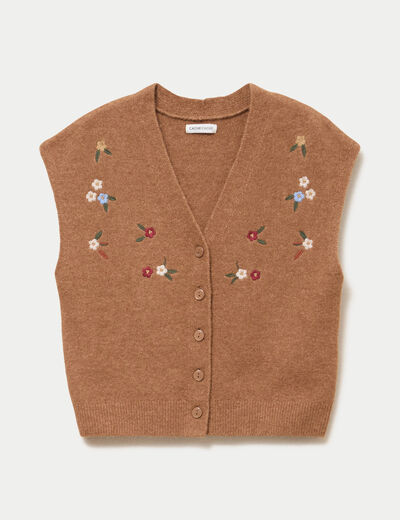 Gilet sans manches col v broderie marron femme